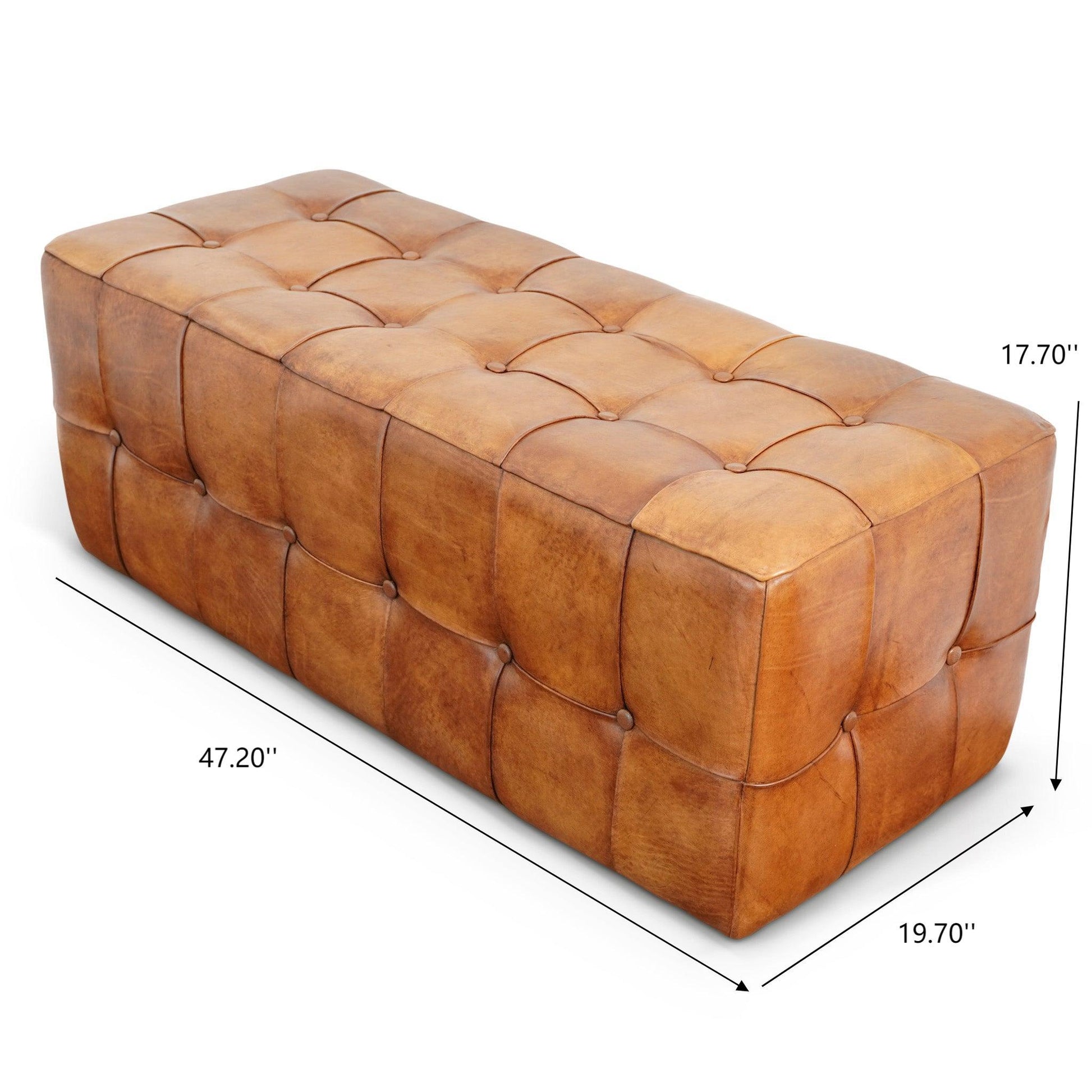 The Benjiro Bench in tan features tufted brown leather with button details. It measures 47.20"L x 19.70"W x 17.70"H, perfect as a stylish rectangular ottoman or extra seating for your space.