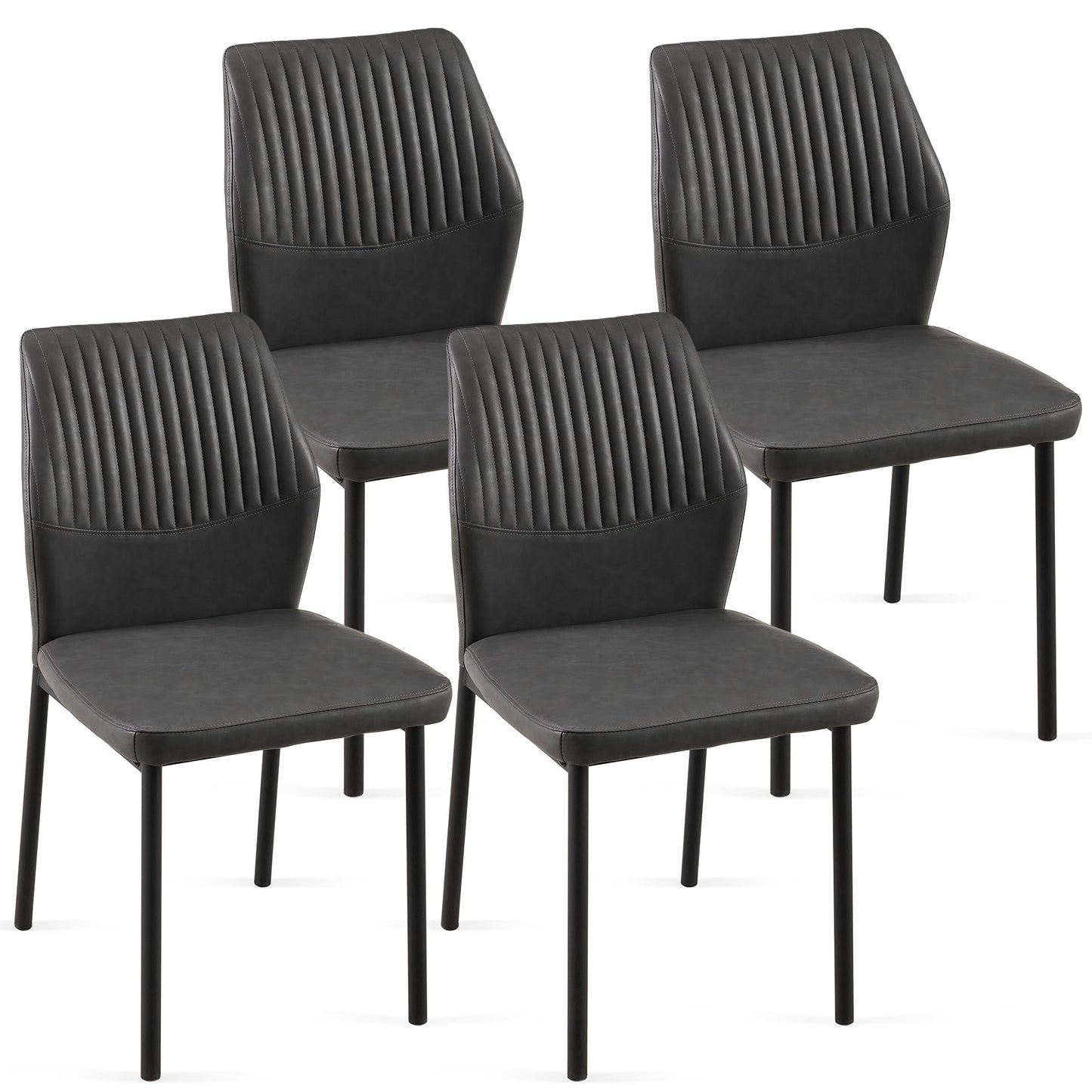 Set of four modern armless dining chairs for living room or kitchen, featuring black metal legs and dark gray faux leather with vertical-stitched backs. Chairs come arranged in two rows.