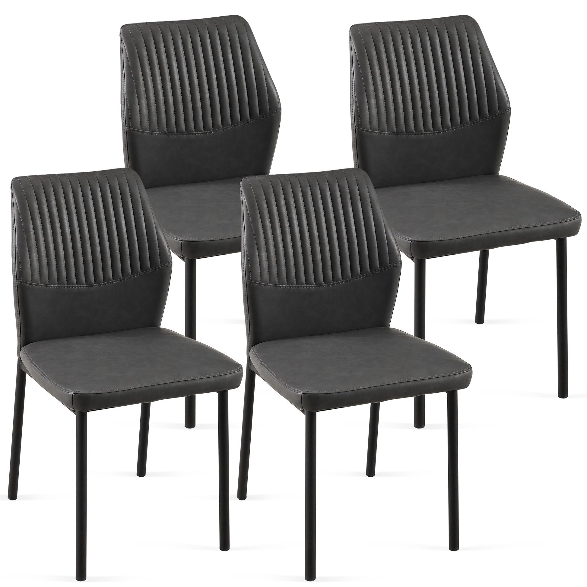Set of four modern armless dining chairs for living room or kitchen, featuring black metal legs and dark gray faux leather with vertical-stitched backs. Chairs come arranged in two rows.