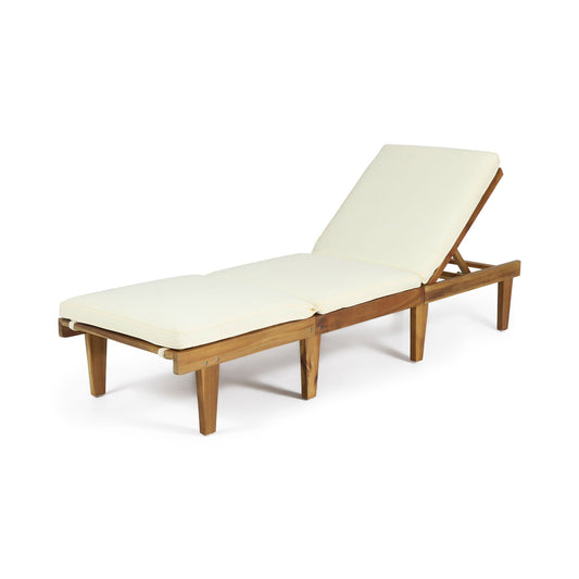 The Ariana - Wood Chaise Lounge With Cushion features cream-colored cushions and an adjustable backrest, shown on a white background.