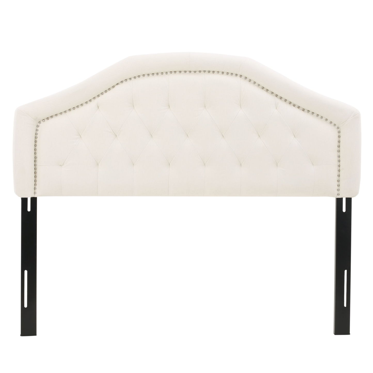 The Kaarina Contemporary Tufted Fabric Headboard features cream-colored upholstery, a curved top, silver nailhead trim, tufted design, and two black metal support legs.