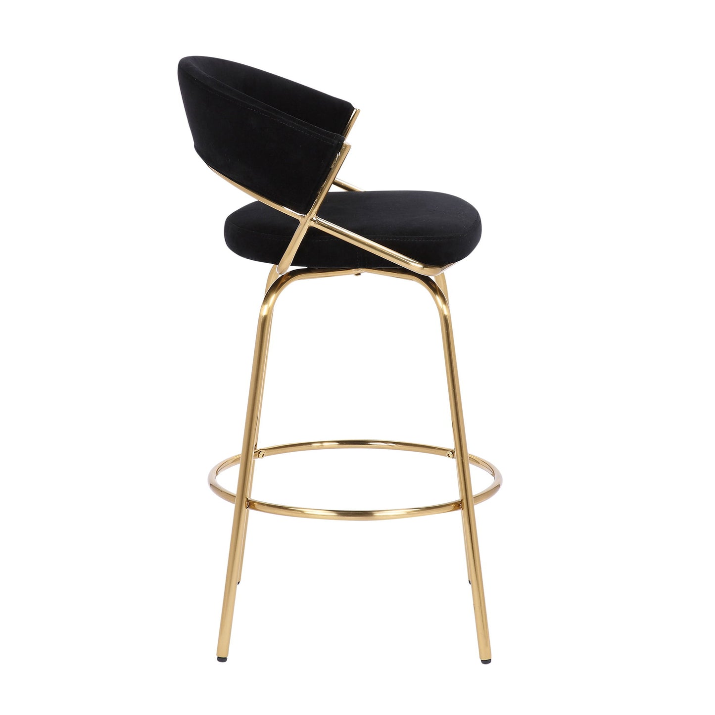The Jie - Glam Fixed Height Counter Stool (Set of 2) features a black cushioned seat and backrest, gold metal legs, and a circular footrest, shown in side view against a white background.