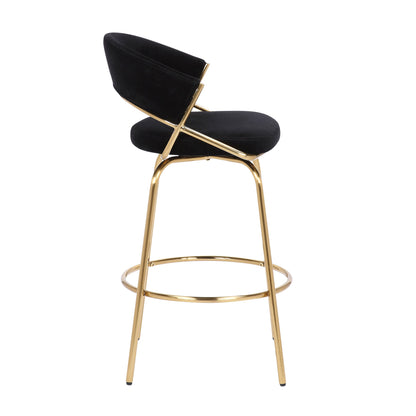 The Jie - Glam Fixed Height Counter Stool (Set of 2) features a black cushioned seat and backrest, gold metal legs, and a circular footrest, shown in side view against a white background.