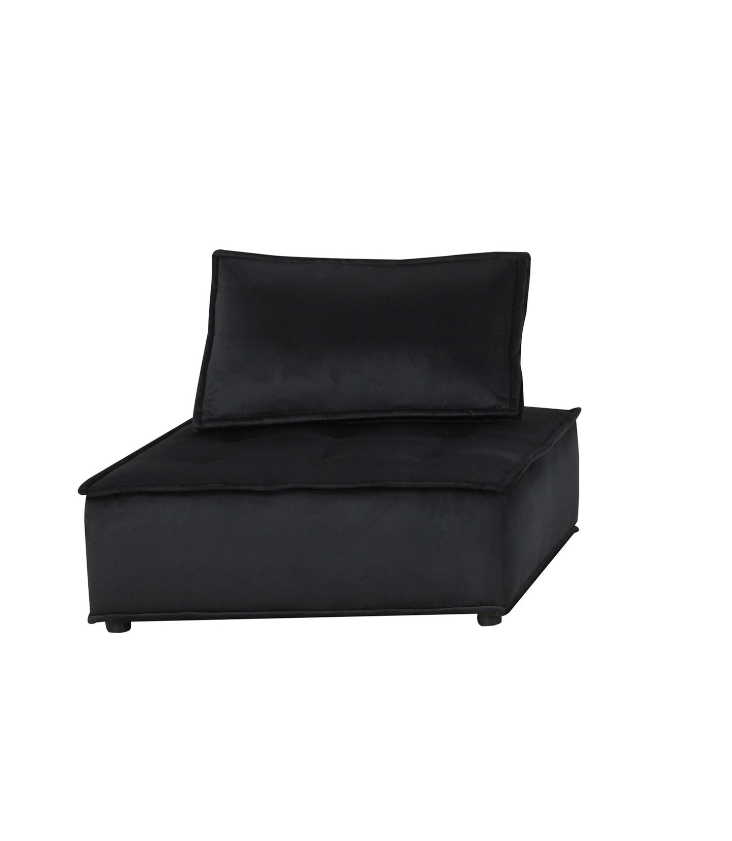 The Anna - Velvet Armless Lounge Chair is a modern black seat with a cushioned base and matching rectangular backrest, shown against a white background.