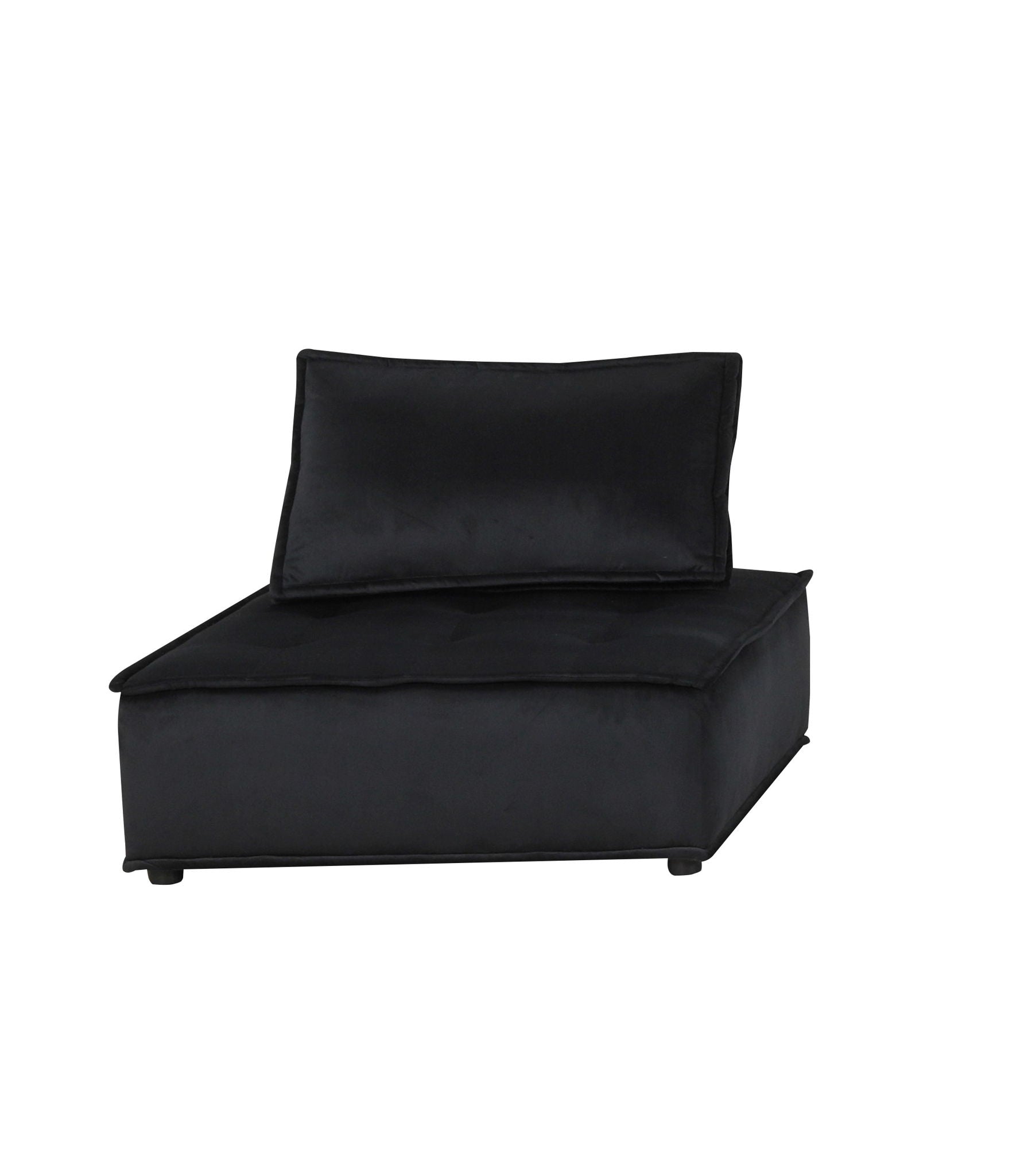 The Anna - Velvet Armless Lounge Chair is a modern black seat with a cushioned base and matching rectangular backrest, shown against a white background.