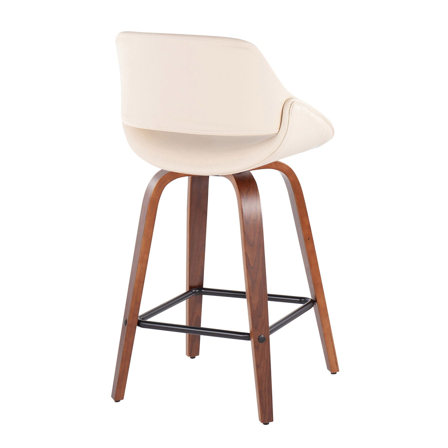 The Fabrico Mid-Century Modern Counter Stool (Set of 2) features a curved cream upholstered seat and wooden legs with a metal footrest, shown from the back to showcase its sleek, minimalist design.