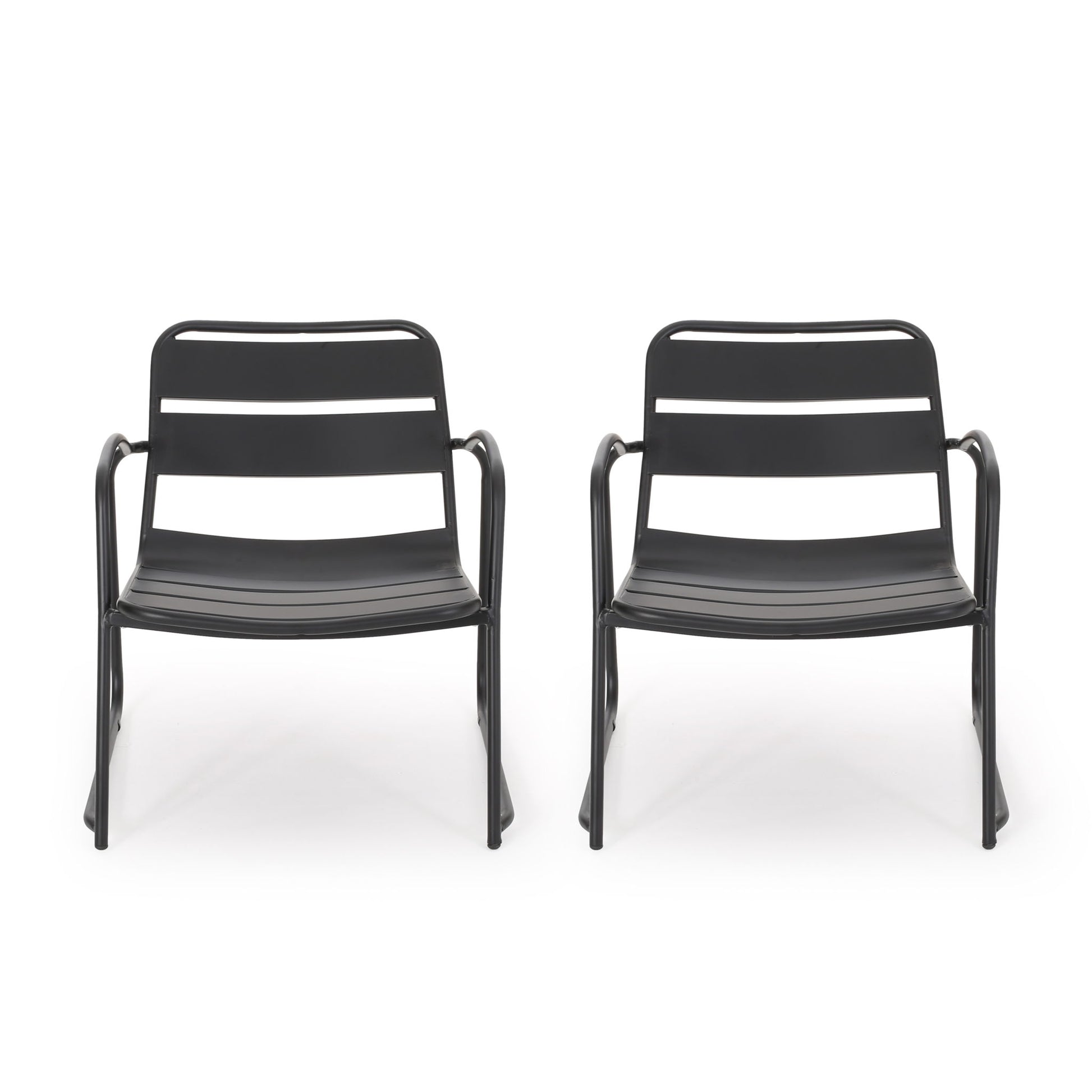 Two Conrad Outdoor Chairs with wide seats, black metal frames, horizontal backrest slats, and curved armrests are placed side by side on a white background.