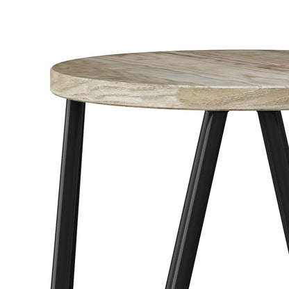 The Simeon multifunctional metal stool features a round wooden seat with a light natural finish and three black metal legs, shown against a white background with only the upper portion visible.