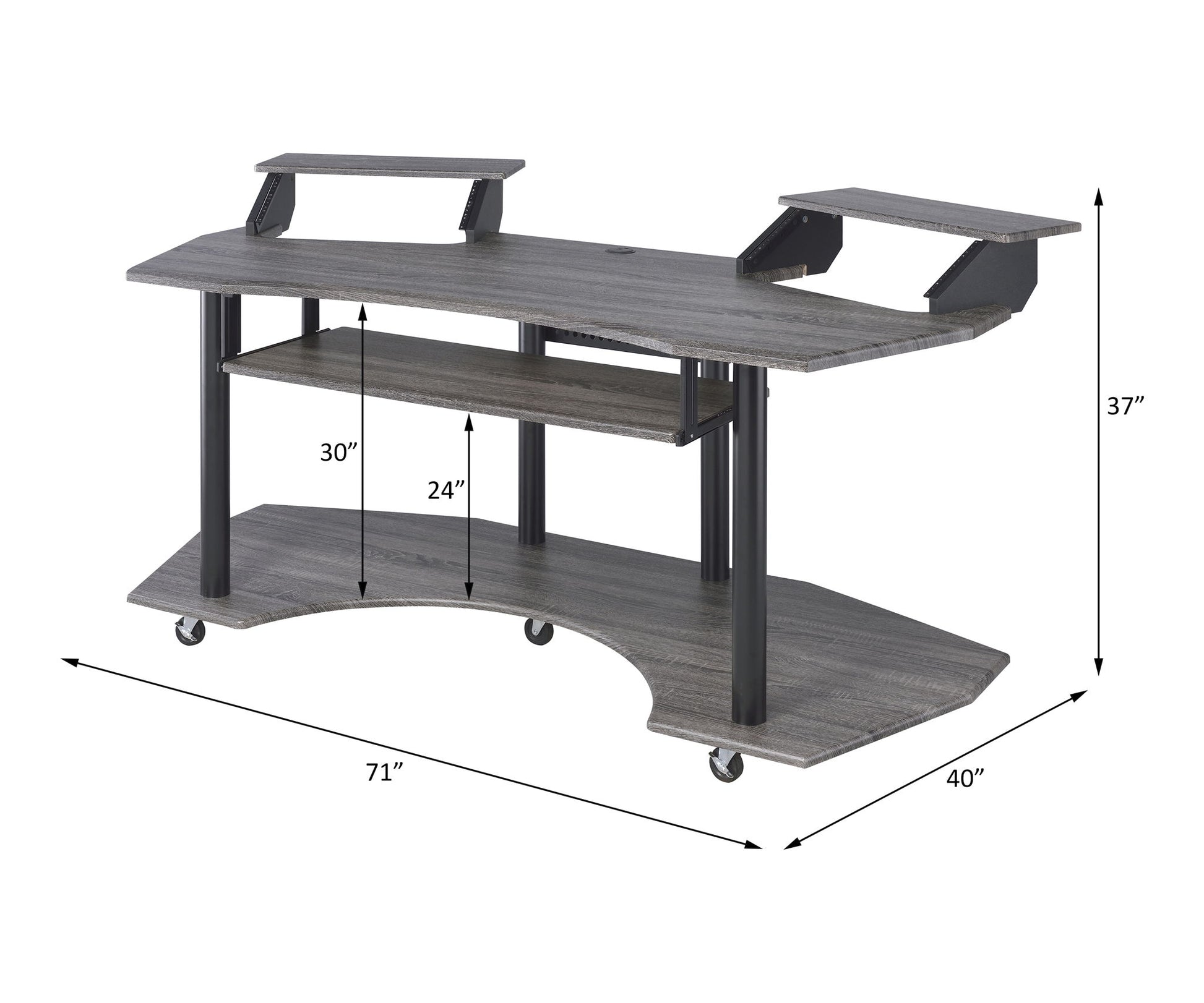 The Eleazar Music Recording Studio Desk features a modern gray wood design, elevated monitor stands, a lower shelf, and four wheels. Dimensions: 71"W x 40"D x 37"H; main desk height 30", shelf height 24".