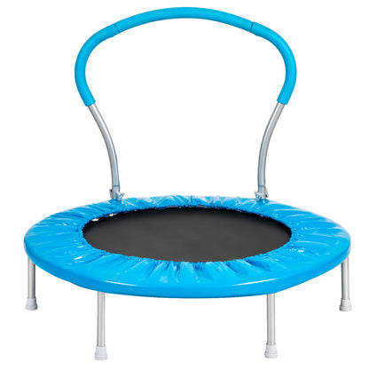The Kangle Store Trampoline With Handle is a small blue model with six metal legs, a padded handlebar, and a black jumping surface.
