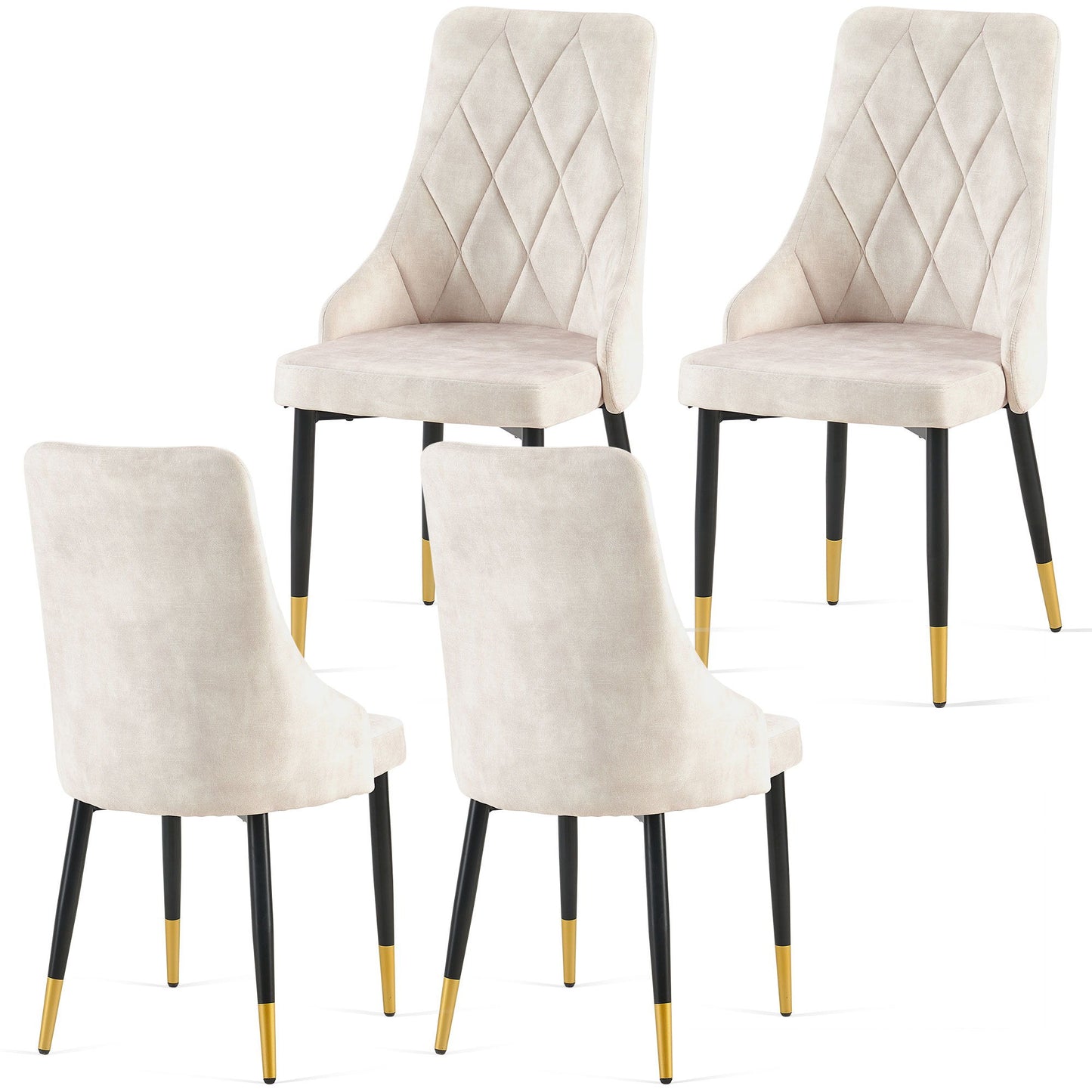 Set of four Dining Chairs Living Room Chair Modern Kitchen Armless Side Chair with light beige diamond-patterned upholstery, black metal legs with gold-colored tips, shown in two front and two rear views.