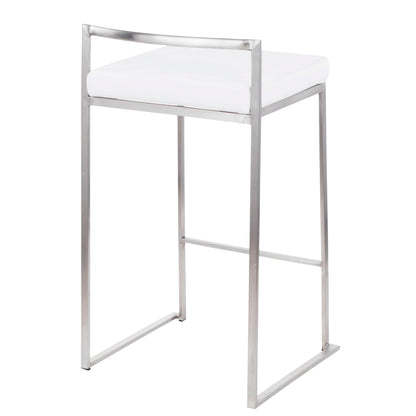 The Fuji - Contemporary Elegant Stackable Counter Stool Set features a sleek metal frame, square white cushioned seat, open backrest, and minimalist design, all shown on a white background.