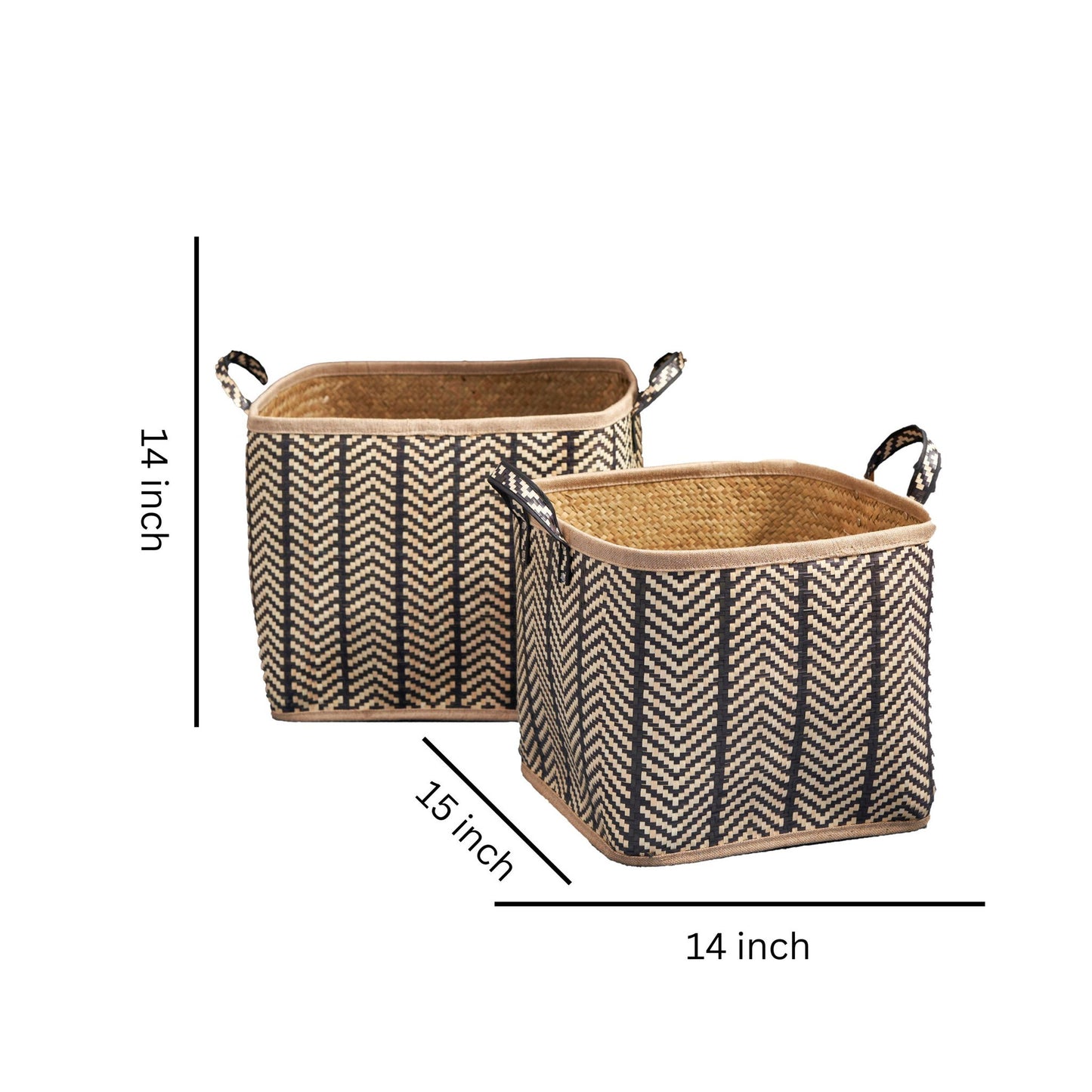 Set of 2 Square Palm Leaf Woven Wicker Storage Baskets with handles in black/brown chevron pattern. Sizes: 15"x14" and 14"x14"; measurements labeled on image.