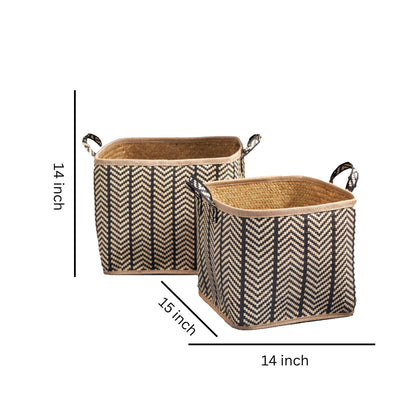 Set of 2 Square Palm Leaf Woven Wicker Storage Baskets with handles in black/brown chevron pattern. Sizes: 15"x14" and 14"x14"; measurements labeled on image.