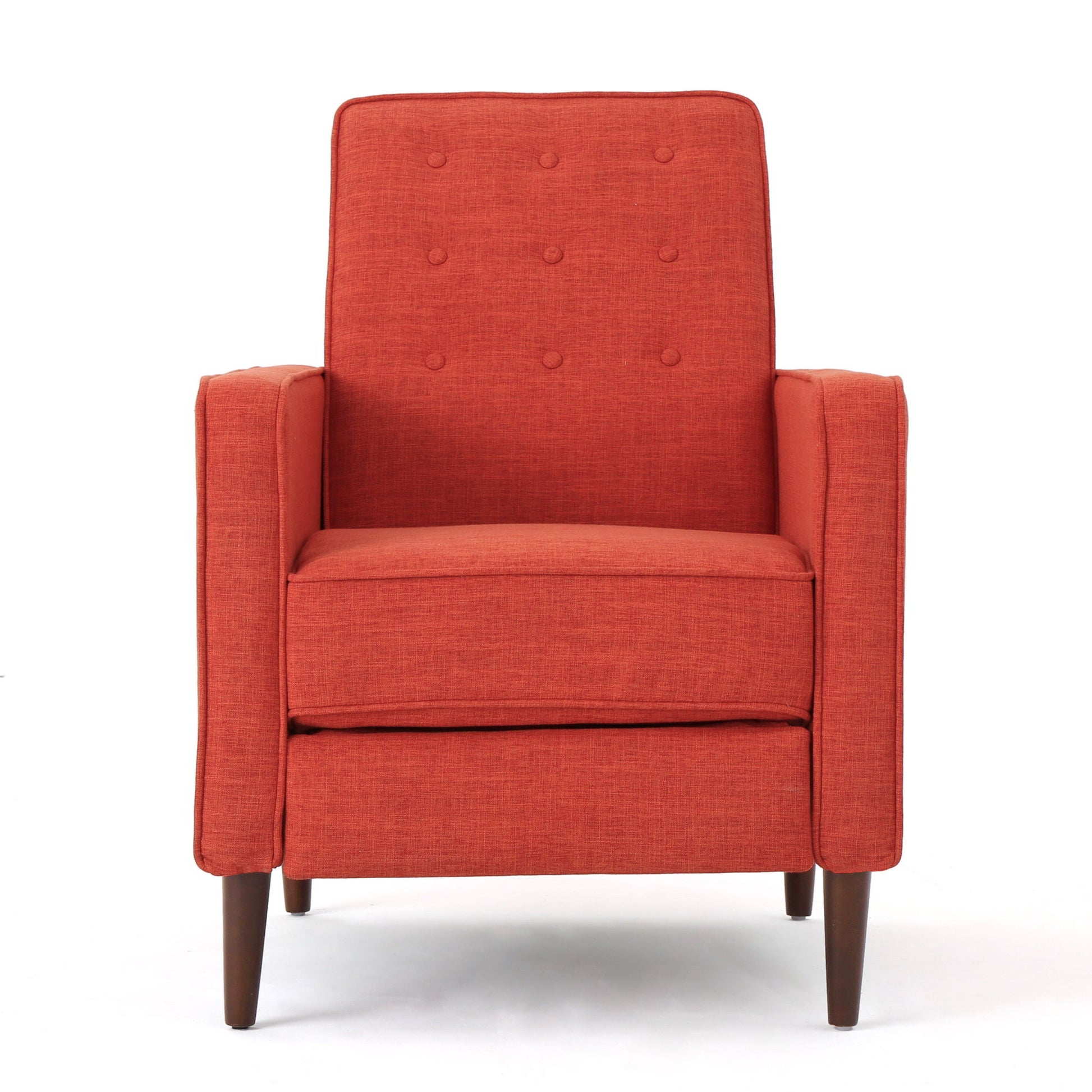 The Mid-Century Modern Recliner With Button Tufted Waffle Stitch features red-orange upholstery, a button-tufted backrest, straight arms, a cushioned seat, and wooden legs, displayed against a plain white background.