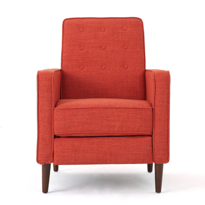 The Mid-Century Modern Recliner With Button Tufted Waffle Stitch features red-orange upholstery, a button-tufted backrest, straight arms, a cushioned seat, and wooden legs, displayed against a plain white background.