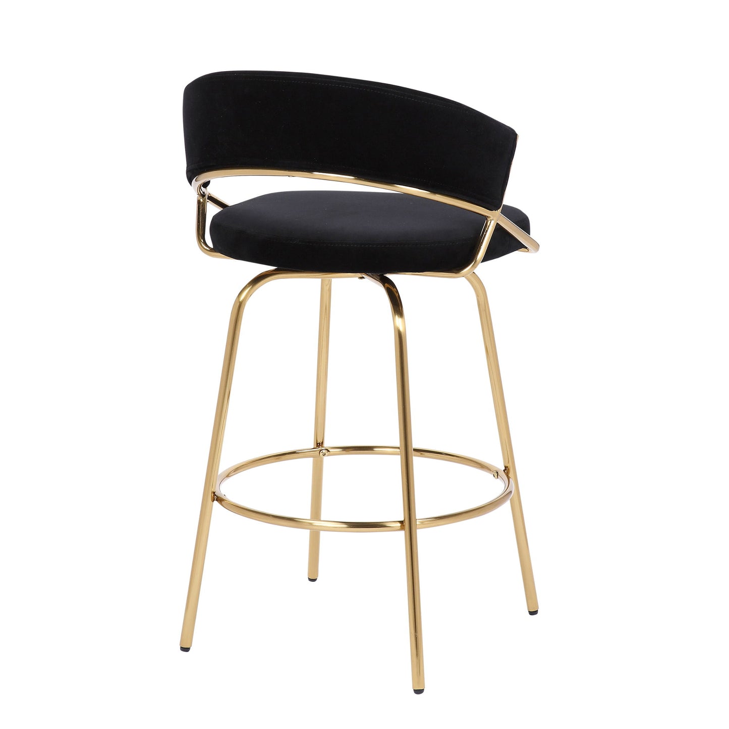 The Jie - Glam Fixed Height Counter Stool (Set of 2) features a black cushioned seat, curved backrest, sleek gold metal legs, and a circular footrest for modern style.