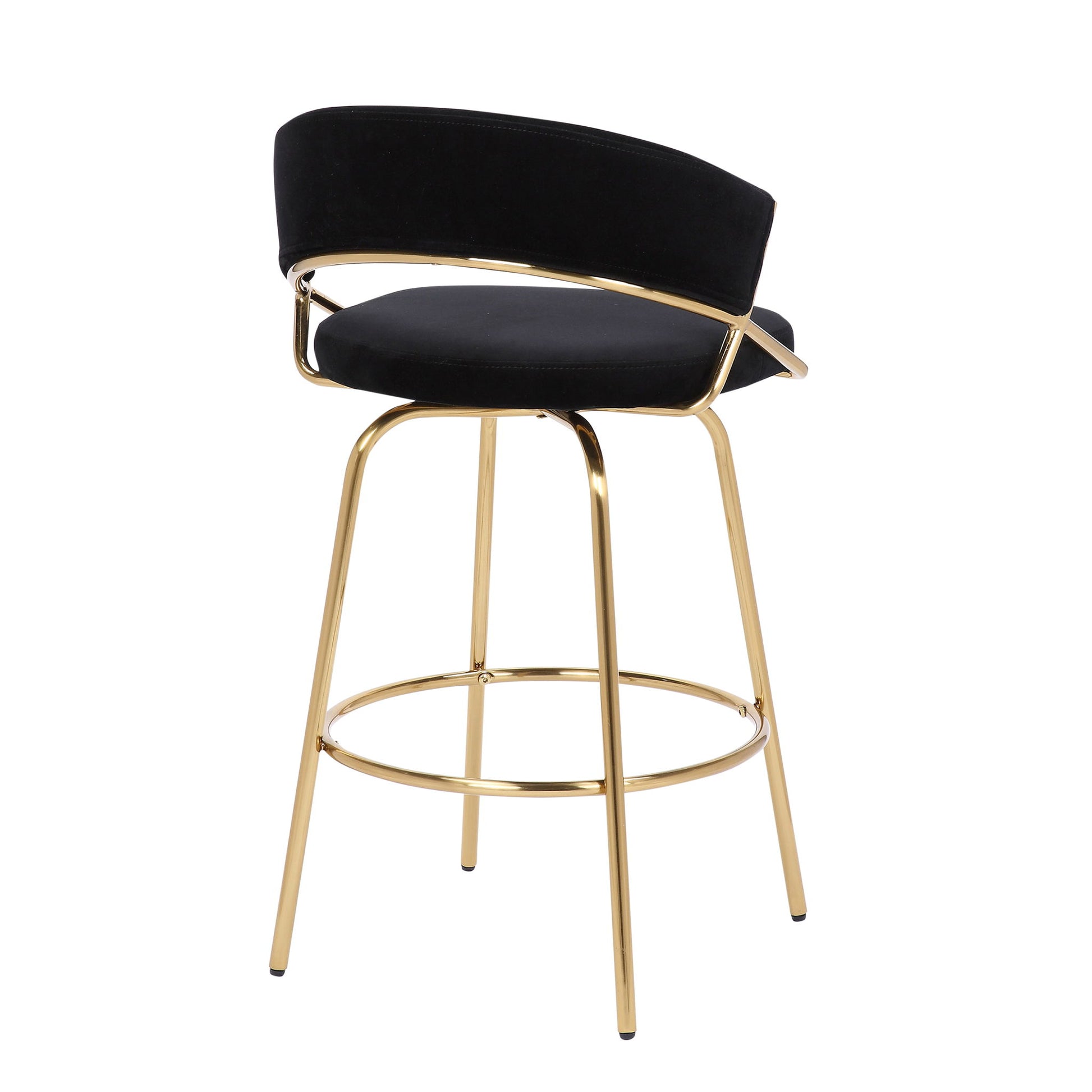The Jie - Glam Fixed Height Counter Stool (Set of 2) features a black cushioned seat, curved backrest, sleek gold metal legs, and a circular footrest for modern style.