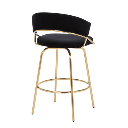 The Jie - Glam Fixed Height Counter Stool (Set of 2) features a black cushioned seat, curved backrest, sleek gold metal legs, and a circular footrest for modern style.