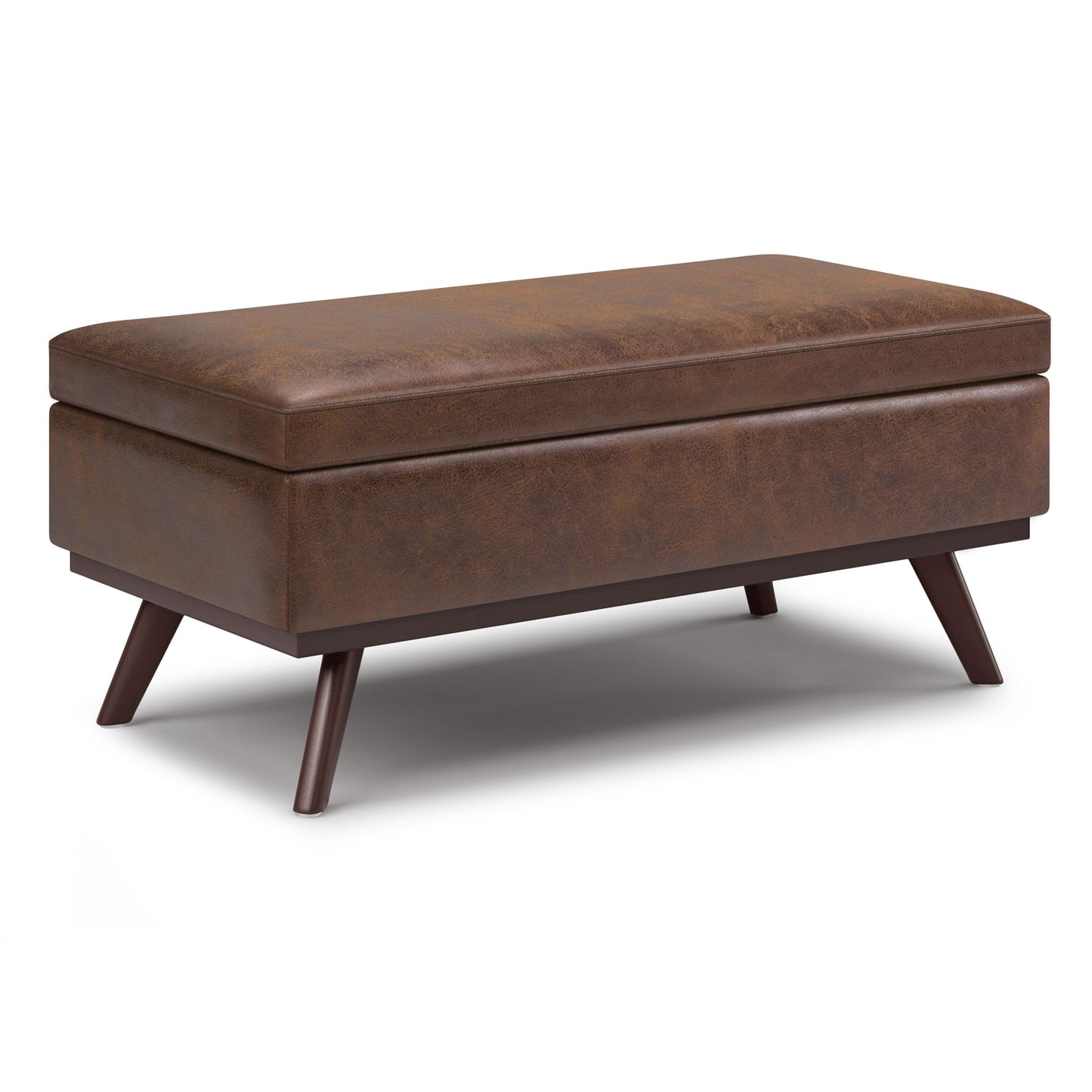 The Owen Lift Top Large Coffee Table Storage Ottoman features a rectangular brown leather design, cushioned top, angled wooden legs, and mid-century style.