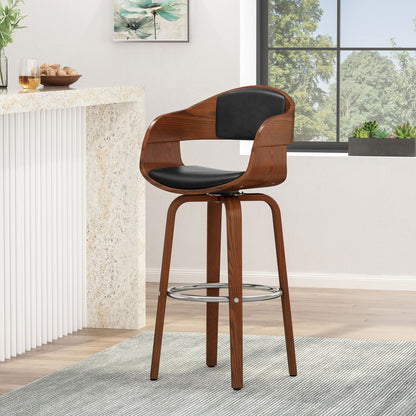 The Modern Bar Stool, Swivel Function, featuring a curved backrest and black cushioned seat, stands on a light gray rug in a bright room with large windows, plants, and a marble countertop.
