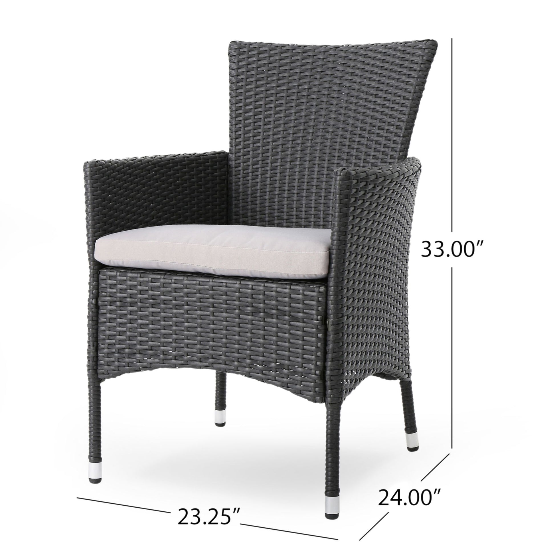The Dimensional Outdoor Dining Chair With Cushion Seat And Iron Frame (Set of 2) features dark gray wicker, a light cushion, straight legs, woven texture, and measures 33"H x 23.25"W x 24"D.