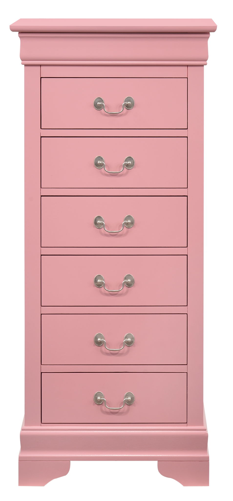 The Traditional Style Lingerie Storage Chest Timeless is a tall, pink wooden dresser with six drawers, each with two silver handles, a smooth finish, decorative base, and classic traditional design.