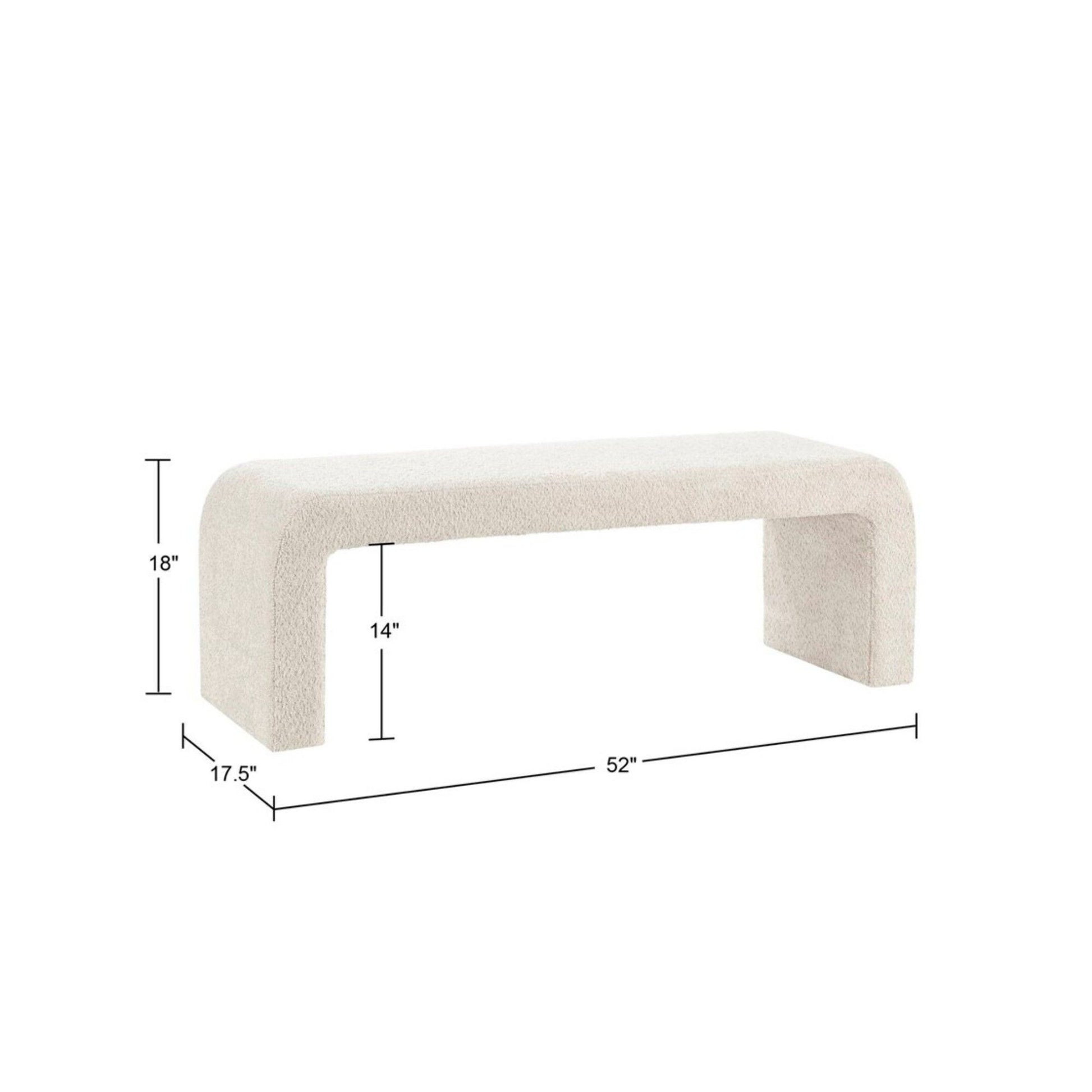 The Modern Contemporary Waterfall Bench - Cream features a modern rectangular design with rounded edges, light upholstery, and dimensions of 52" W x 17.5" D x 18" H with 14" between the legs.