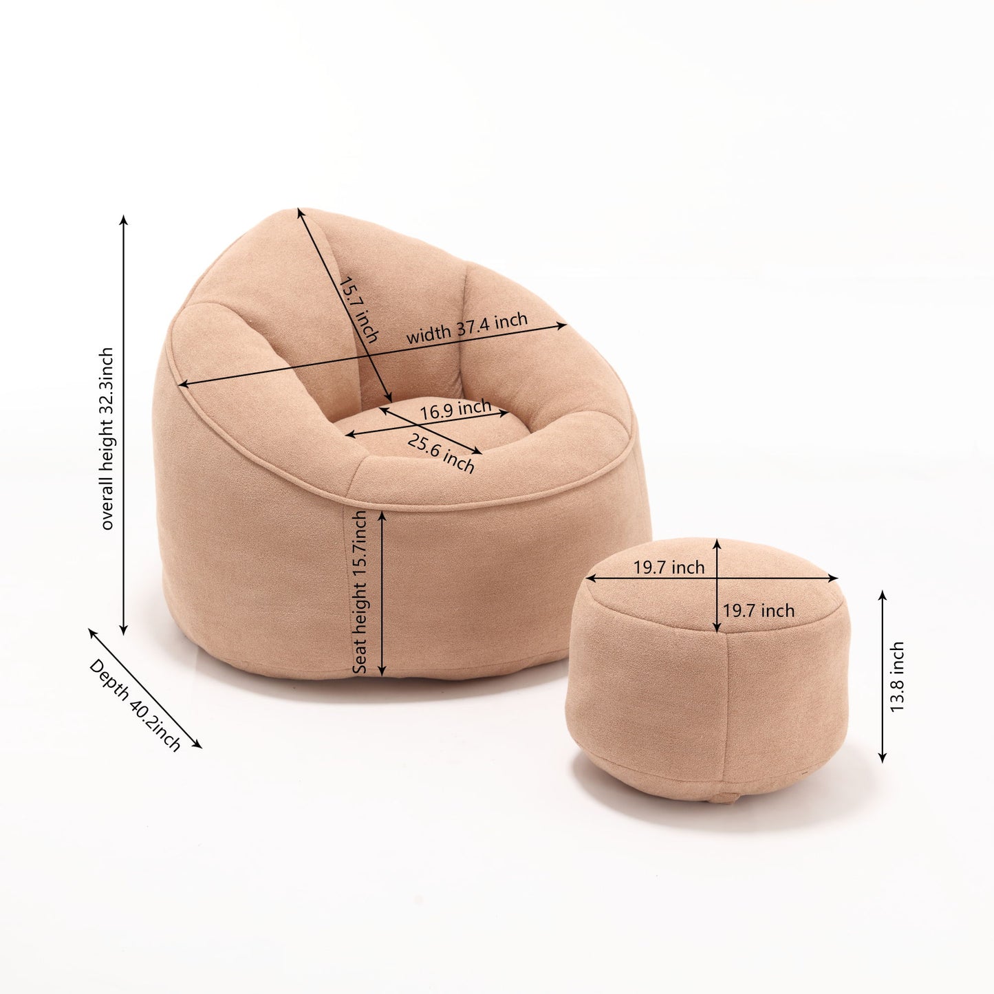 The Bedding Bean Bag Sofa Chair High Pressure Foam With Footrest in beige features a plush chair (37.4"W x 32.3"H x 46.2"D, seat: 25.6"W x 16.9"D x 5.7"H, back: 15.7"H) and matching ottoman (19.7"W x 13.8"H).