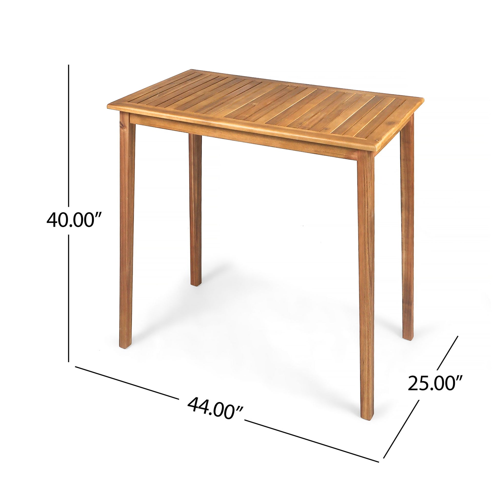 The Outdoor Minimalist Acacia Wood Rectangle Bar Table features four legs and measures 40” high, 44” long, and 25” wide, with measurement lines and labels highlighting its dimensions.