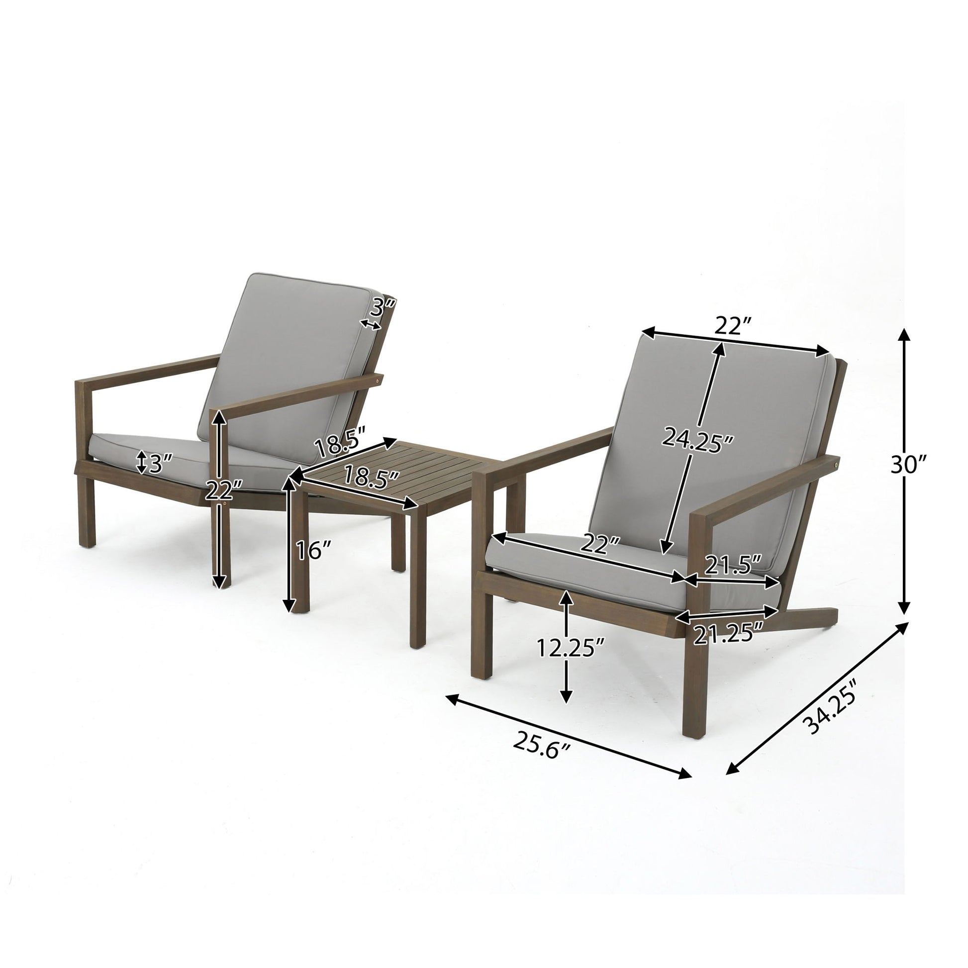 The Celestaria 3 Piece Outdoor Chat Set features two Adirondack chairs with cushions and a matching side table, all displayed on a white background with black arrows and text showing their measurements.