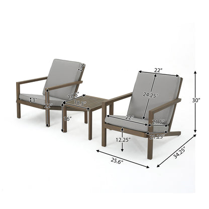 The Celestaria 3 Piece Outdoor Chat Set features two Adirondack chairs with cushions and a matching side table, all displayed on a white background with black arrows and text showing their measurements.