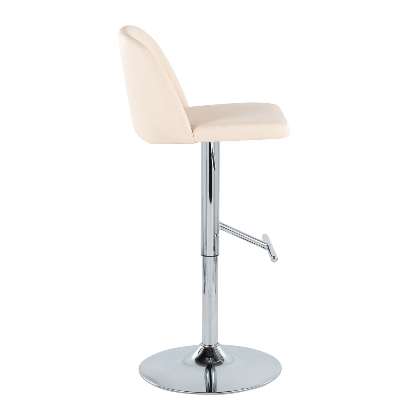 The Toriano Contemporary Adjustable Barstool Set features cream cushioned seats, backrests, straight T footrests, and chrome swivel pedestal bases with height levers. Shown in side profile. Set of 2.