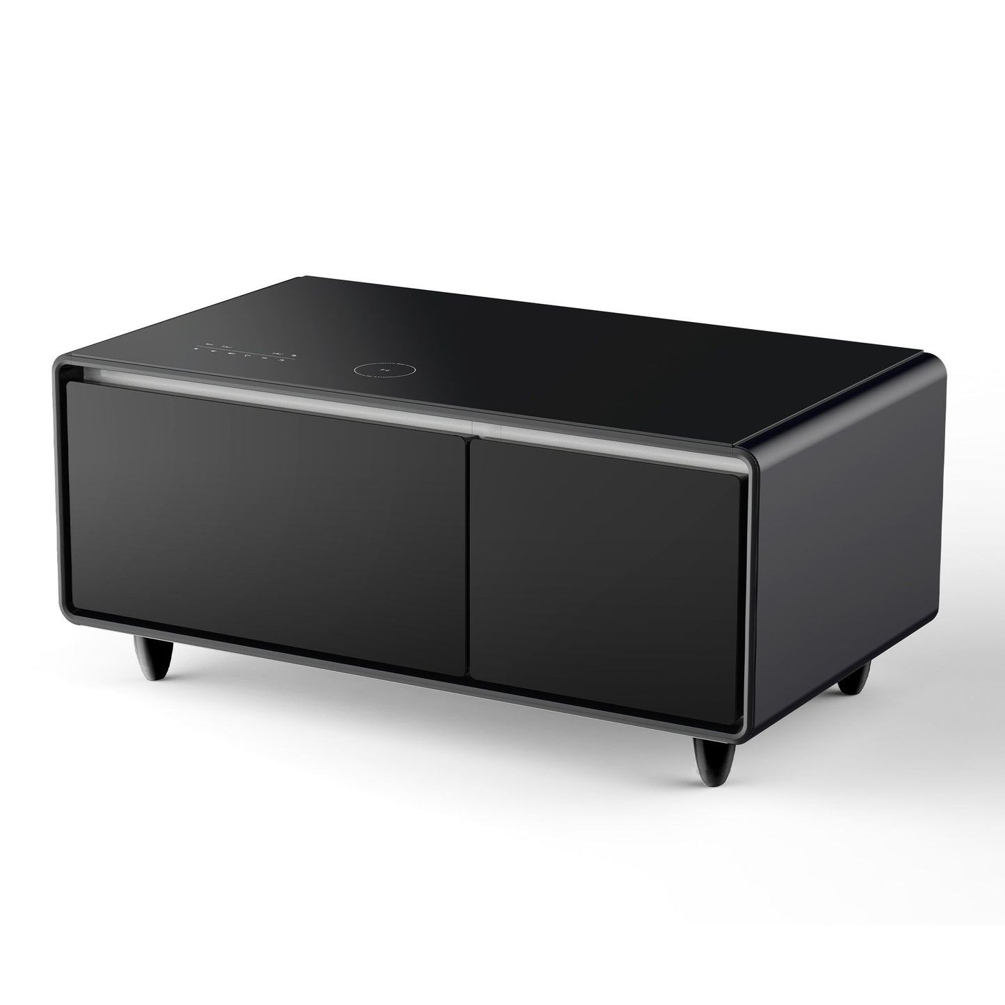 A sleek black Modern Smart Coffee Table features a built-in fridge, Bluetooth speaker, wireless charging, touch control panel on the top left, USB interface, outlet protection, atmosphere light, two front doors, small legs, and rounded edges.