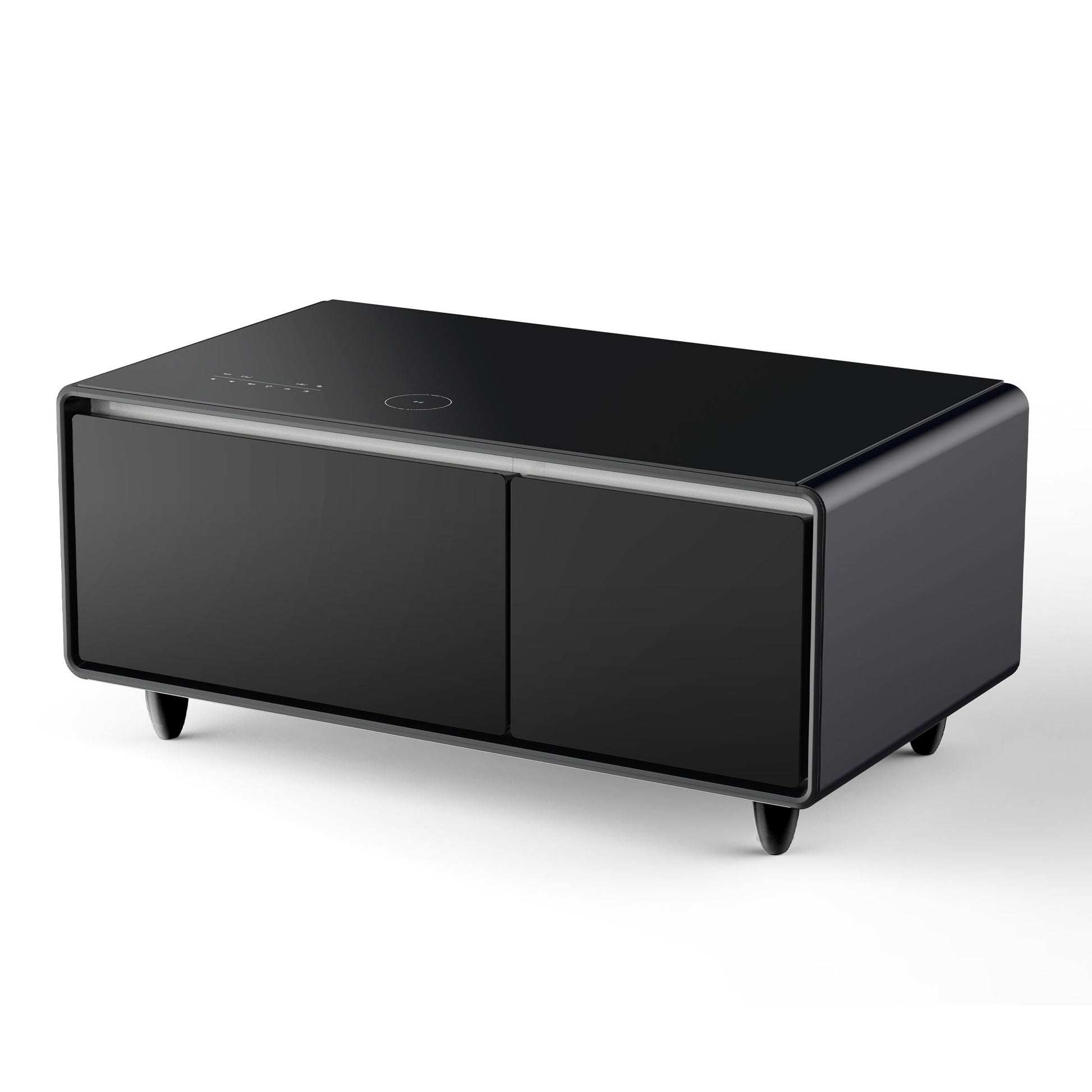 A sleek black Modern Smart Coffee Table features a built-in fridge, Bluetooth speaker, wireless charging, touch control panel on the top left, USB interface, outlet protection, atmosphere light, two front doors, small legs, and rounded edges.