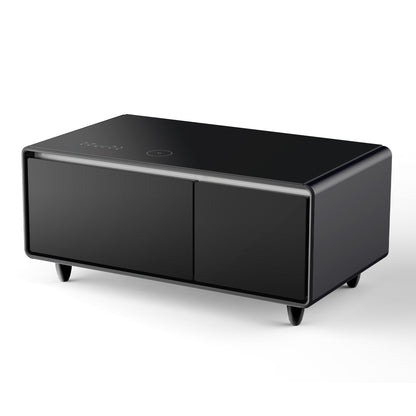 A sleek black Modern Smart Coffee Table features a built-in fridge, Bluetooth speaker, wireless charging, touch control panel on the top left, USB interface, outlet protection, atmosphere light, two front doors, small legs, and rounded edges.