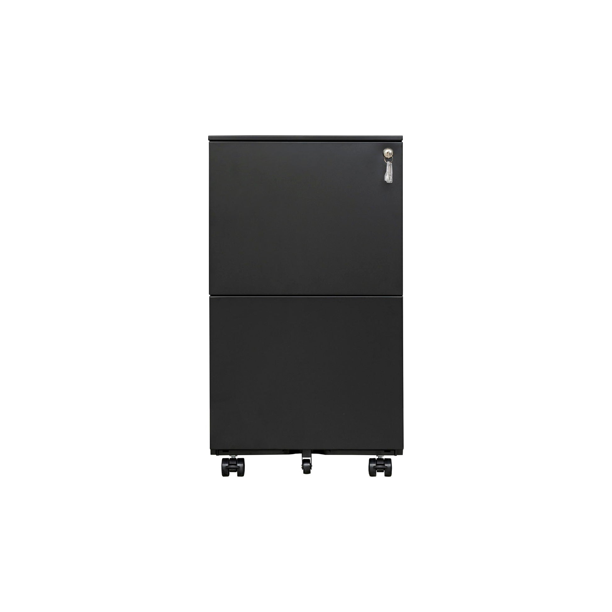 A 2 Drawer File Cabinet With Lock, made of steel and featuring anti-tilt wheels, is shown centered on a white background. This mobile office cabinet fits under a desk and secures legal or letter size files with a locking top drawer.