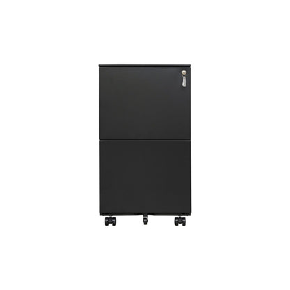 A 2 Drawer File Cabinet With Lock, made of steel and featuring anti-tilt wheels, is shown centered on a white background. This mobile office cabinet fits under a desk and secures legal or letter size files with a locking top drawer.