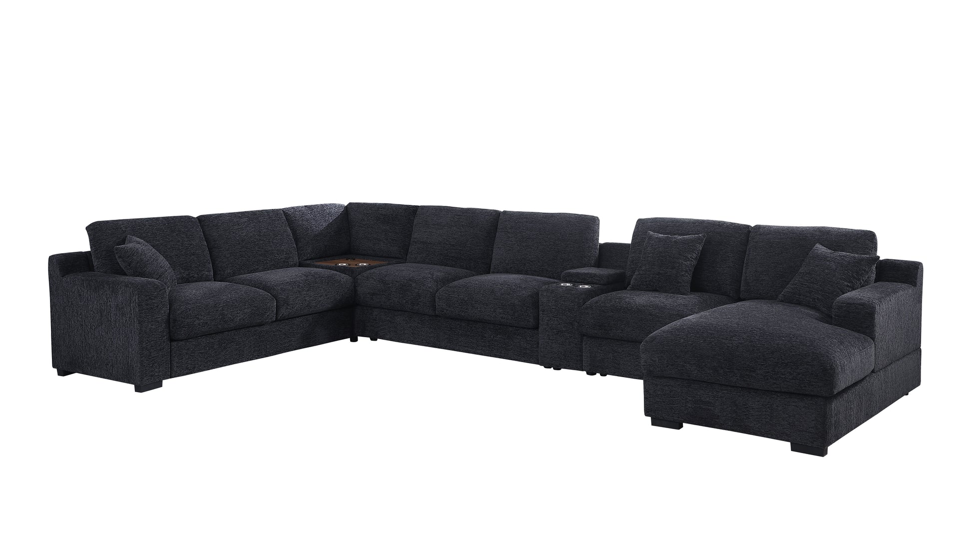 The Celine sectional sofa, in dark gray chenille fabric, features an L-shape with a right-facing chaise. It includes cup holders and charging ports, along with plush cushions that accommodate multiple people comfortably.