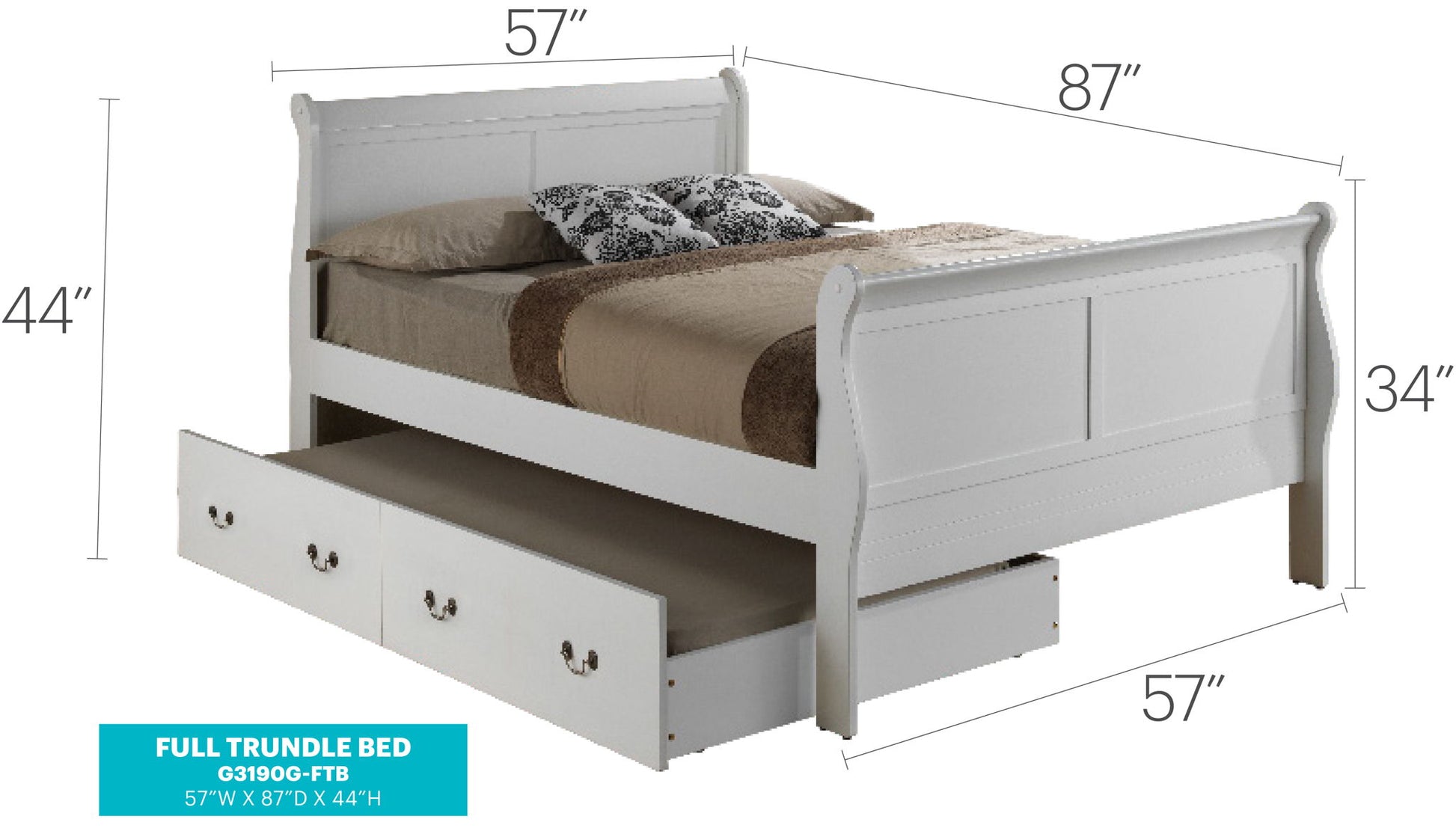 The Elegant Trundle Bed With Timeless Charm features a white sleigh design, measures 57"W x 87"D x 44"H, and includes a pull-out trundle drawer. Shown made up with brown and white bedding.