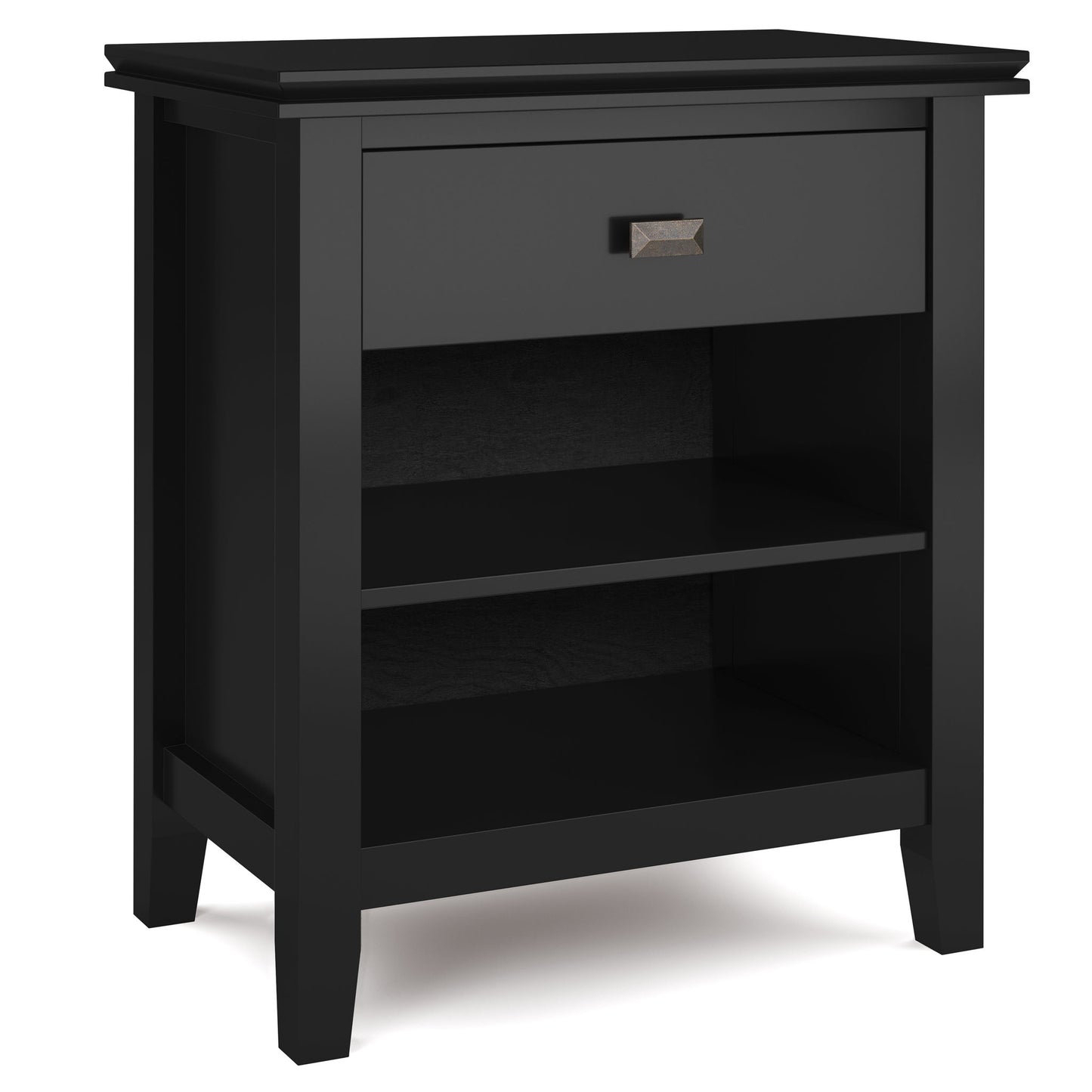 The Artisan - Handcrafted Bedside Table is a black wooden nightstand with one top drawer, two open shelves below, a rectangular metal handle, and four straight legs.
