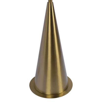 The Lisbon Floor Lamp features an antique brass coned base and a white hanging shade, standing upright on a white background.