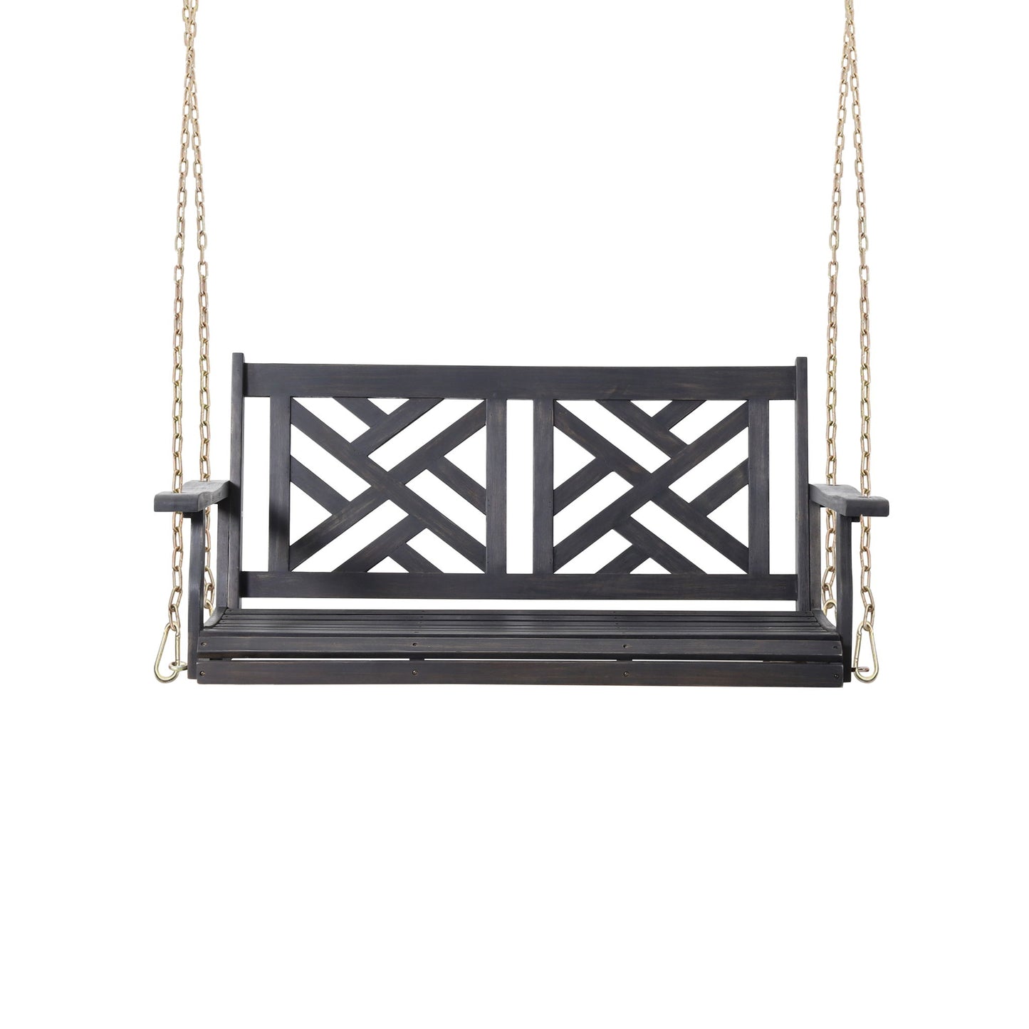 The Alejandro Acacia Wood Porch Swing features slat panel seating and hangs from gold chains, shown against a plain white background.