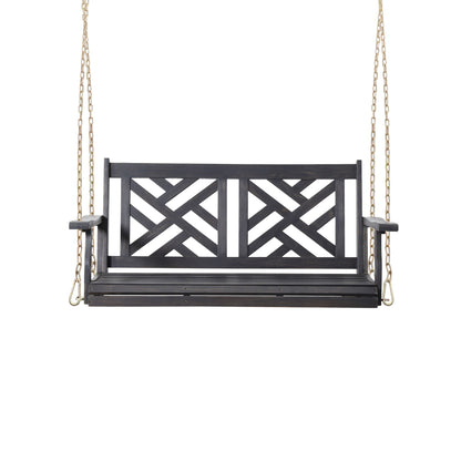 The Alejandro Acacia Wood Porch Swing features slat panel seating and hangs from gold chains, shown against a plain white background.
