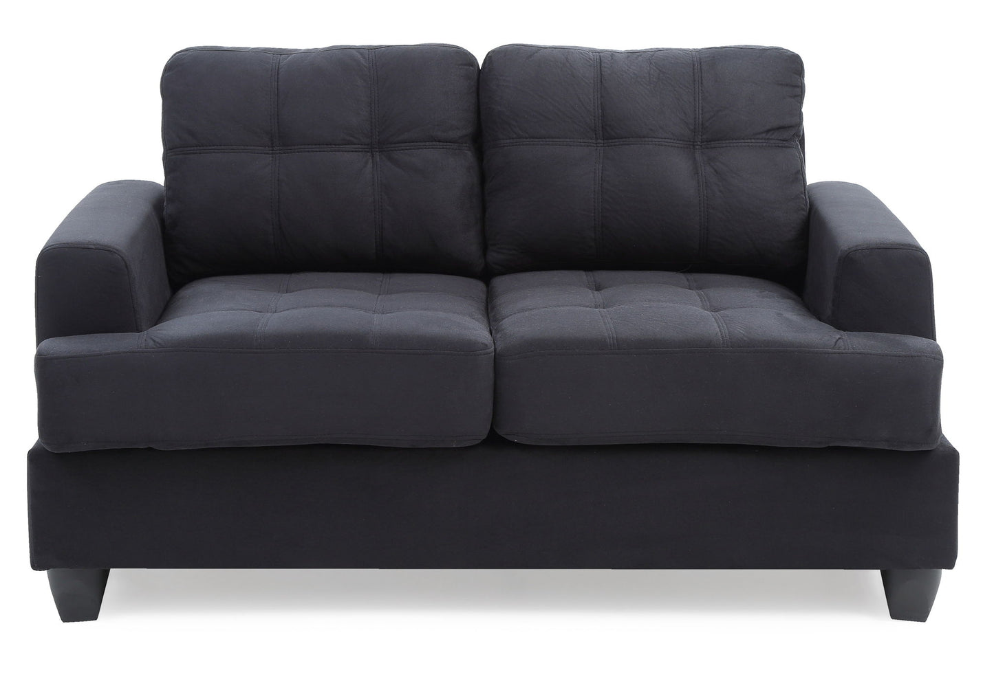 The Stylish Transitional Loveseat For Two features a modern design in dark gray with plush, tufted cushions and wide armrests, displayed against a white background.