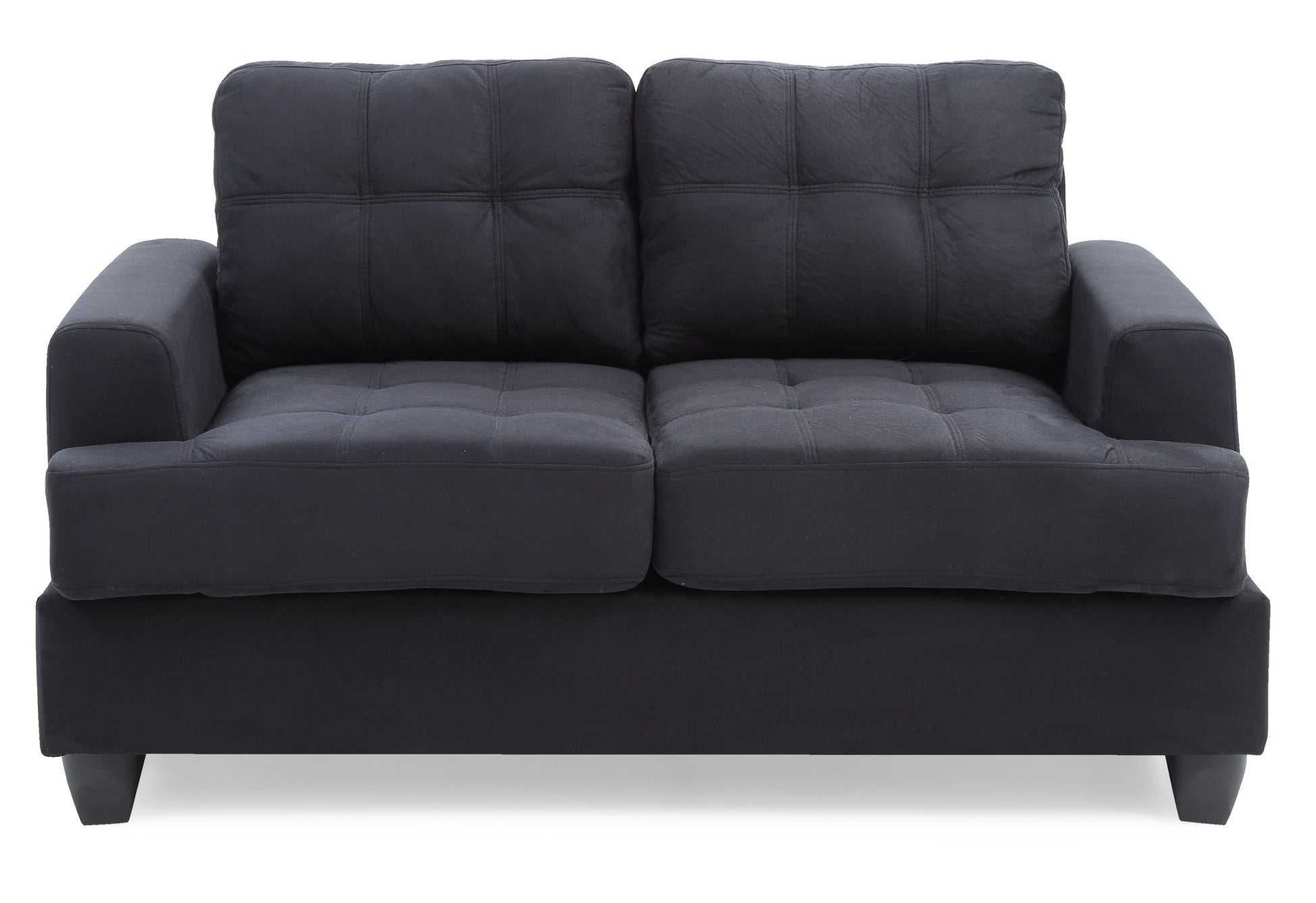 The Stylish Transitional Loveseat For Two features a modern design in dark gray with plush, tufted cushions and wide armrests, displayed against a white background.