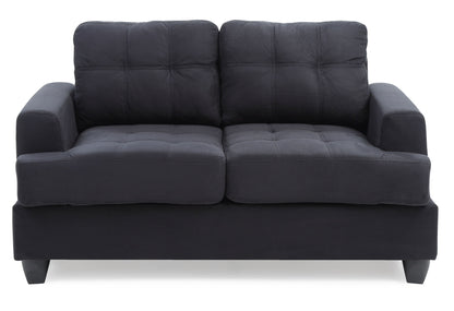The Stylish Transitional Loveseat For Two features a modern design in dark gray with plush, tufted cushions and wide armrests, displayed against a white background.