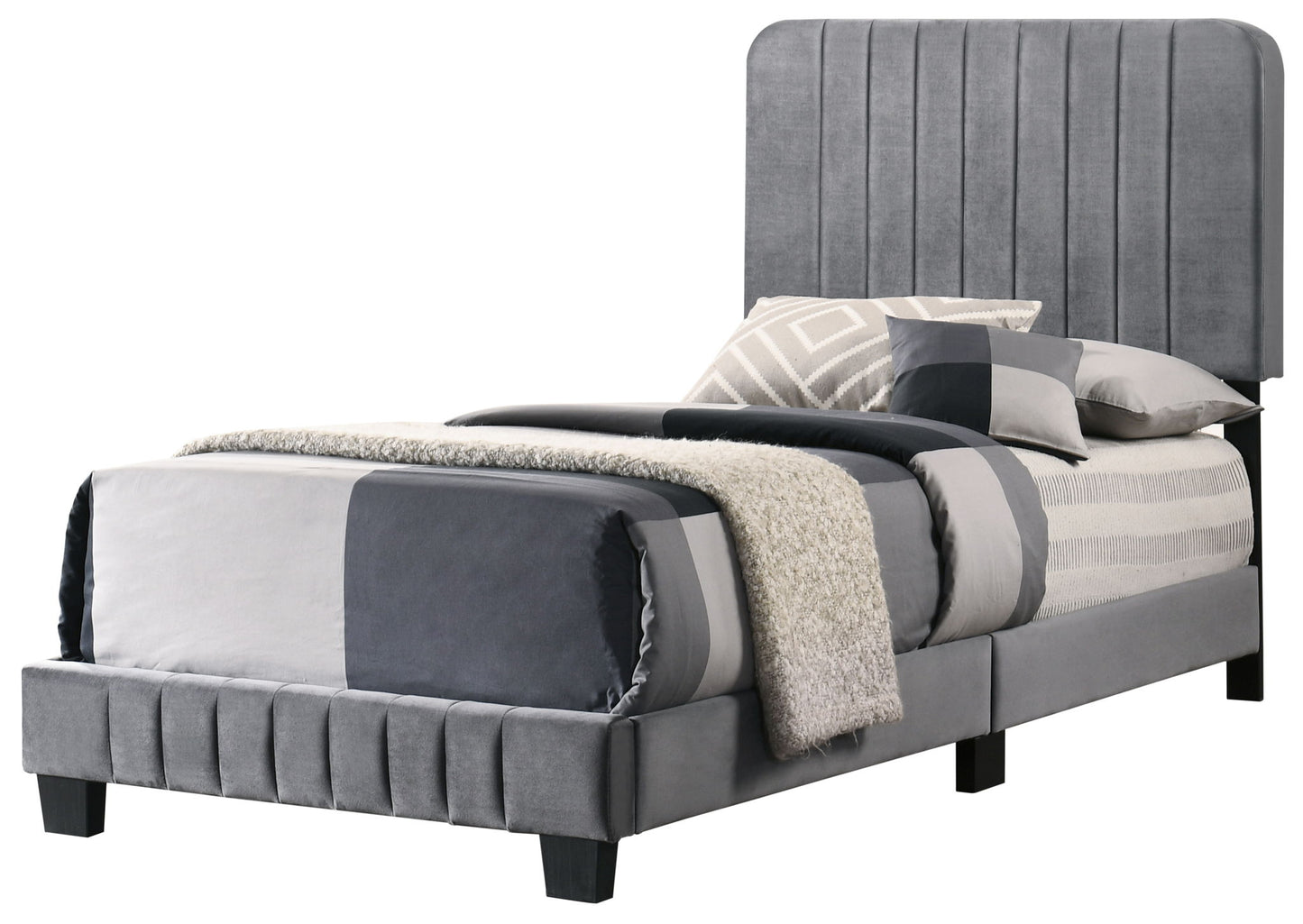 The Lodi - Bed features a tall, vertically paneled gray upholstered headboard, matching gray bed frame, and is styled with coordinated gray and white bedding, pillows, and a textured throw blanket.