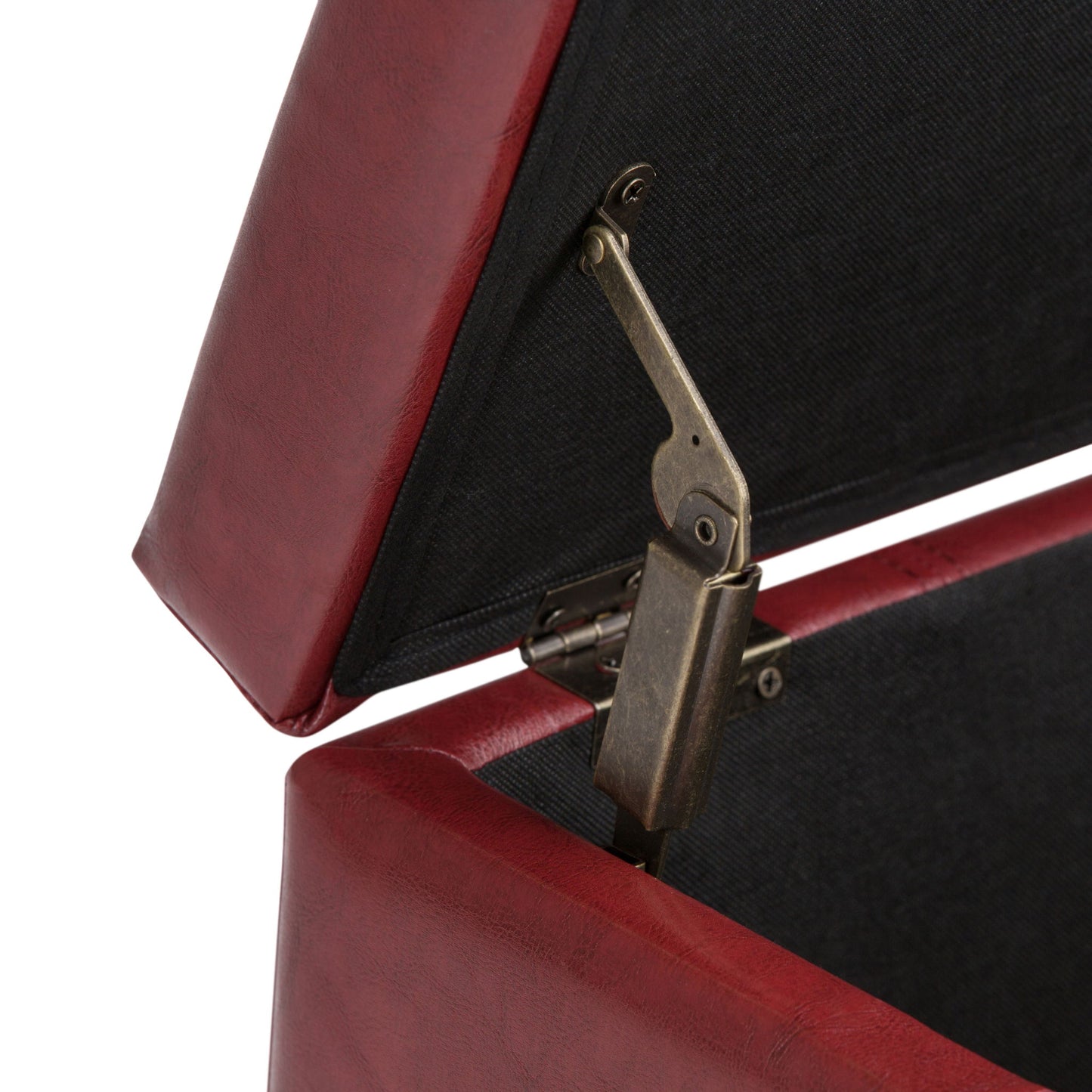 Close-up of the Dover - Upholstered Storage Ottoman Bench in red, highlighting its open lid with visible metal hinge mechanism and black fabric lining inside.