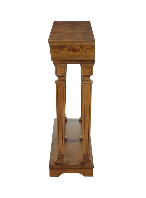 Side view of the Garrison Wooden Console Table with four legs, a rectangular top, natural wood finish, and decorative accents, displayed against a white background.